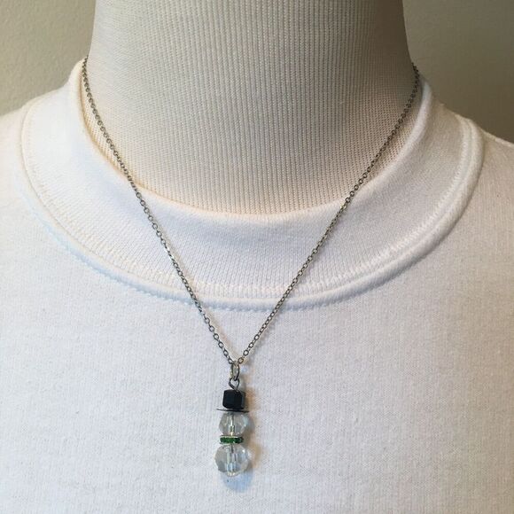 AB Glass Snowman Necklace 18 Inch Silver Plated Chain 1 Inch Pendant Charm - Picture 1 of 10